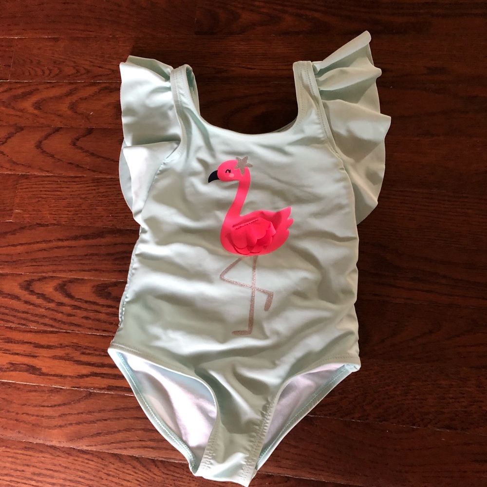 Girls Swimsuit Turquoise Blue with Pink Flamingo